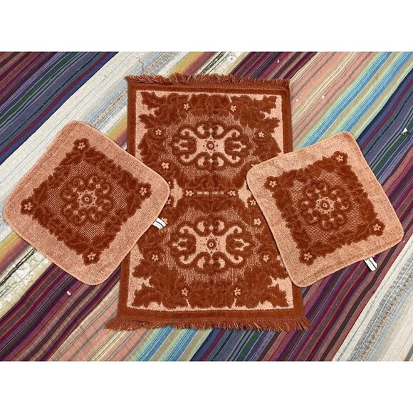 Vtg Tastemaker Orange Peach Sculpted Reversible Floral Hand Towel Washcloths - Picture 2 of 10